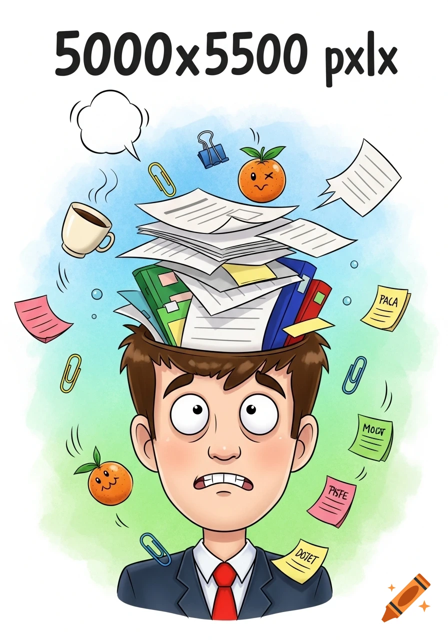 Cartoon man with papers, files, and office supplies spilling from his head, looking stressed.