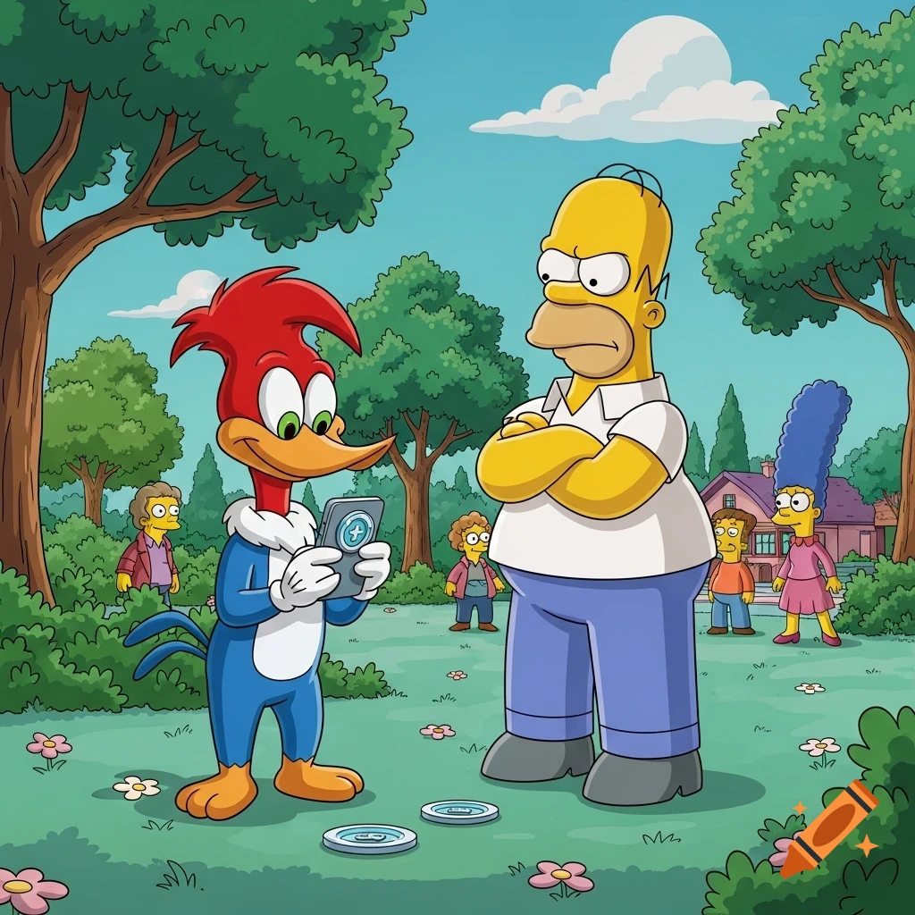 Woody Woodpecker uses a phone while a scowling Homer Simpson stands with arms crossed in a park, with other Simpsons characters visible in the background.