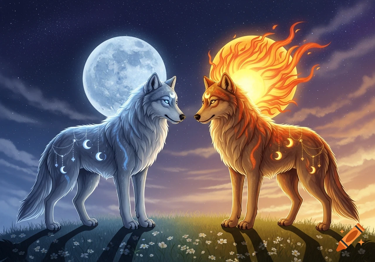 Stylized white wolf under a full moon and orange wolf under a fiery sun face each other on a grassy hill.