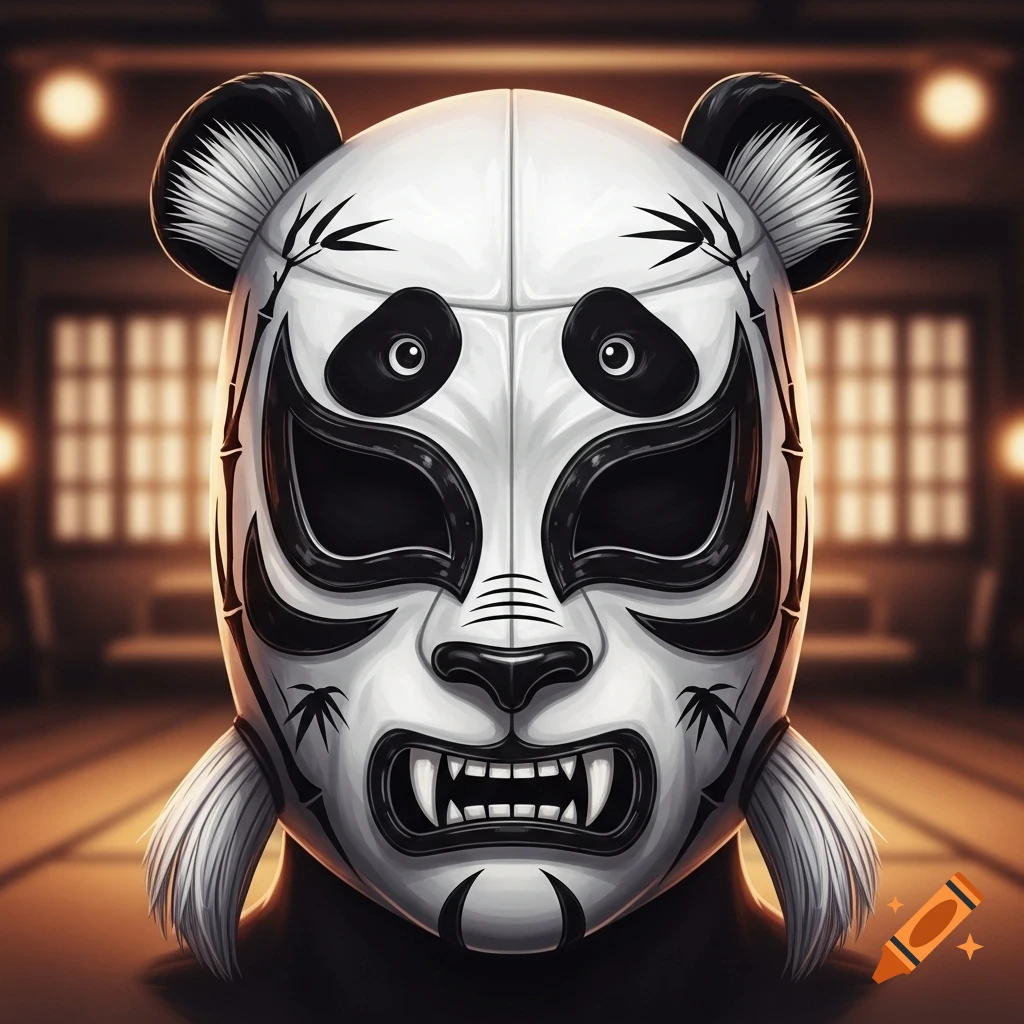 A stylized white and black panda wrestling mask with fangs and bamboo accents in a blurred Japanese-style room.