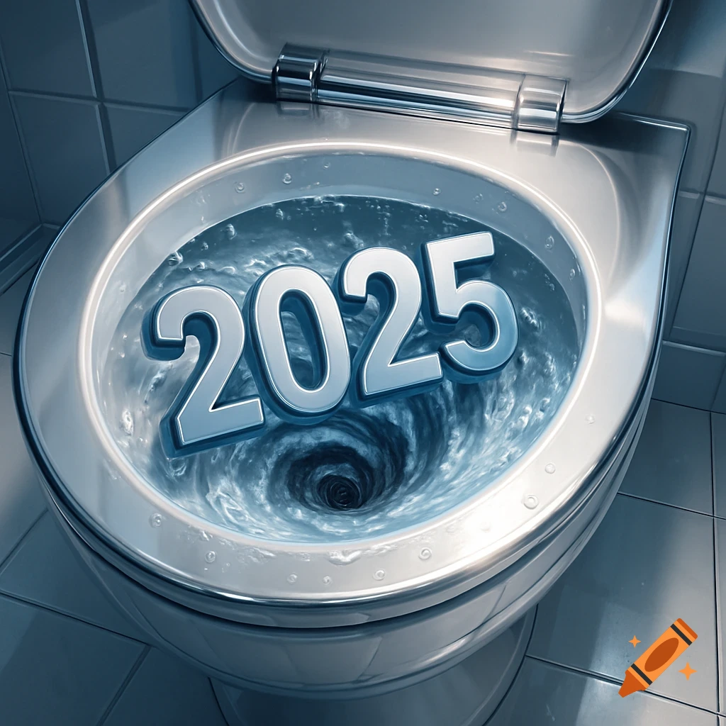 Metallic numbers '2025' being flushed down a clean white toilet with swirling water, photorealistic style.
