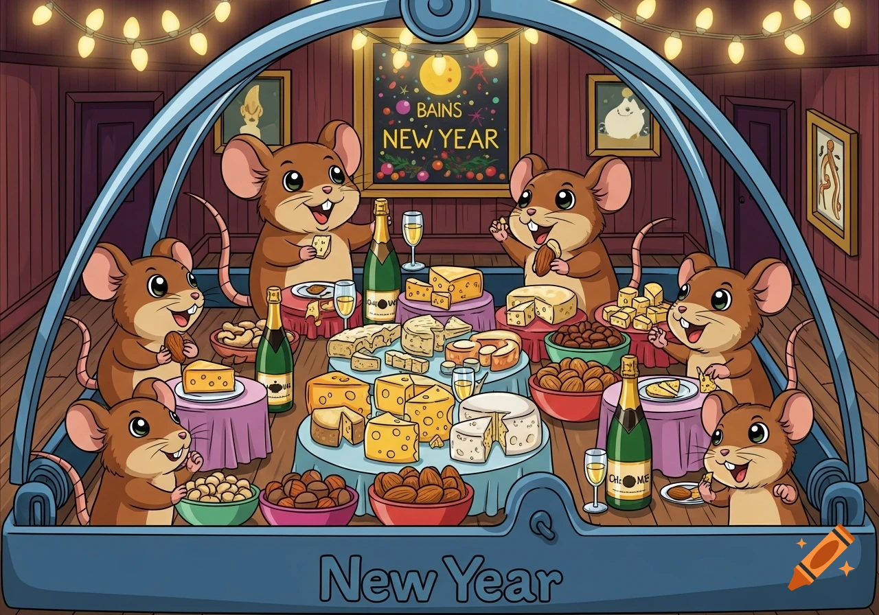 Cartoon mice celebrate New Year in a festive room with strings of lights, champagne, cheese, and nuts.