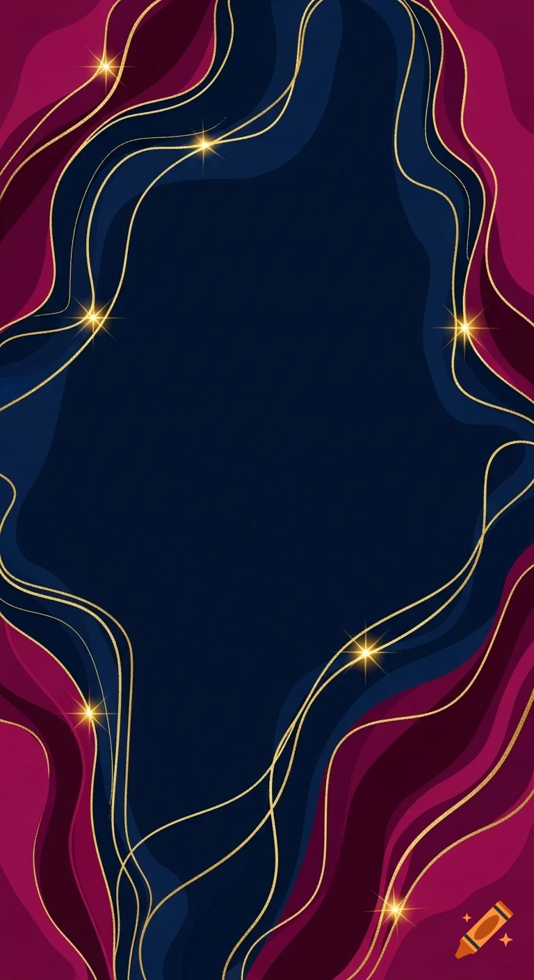 Abstract background with wavy dark blue and magenta shapes, accented by shimmering gold lines and sparkles.