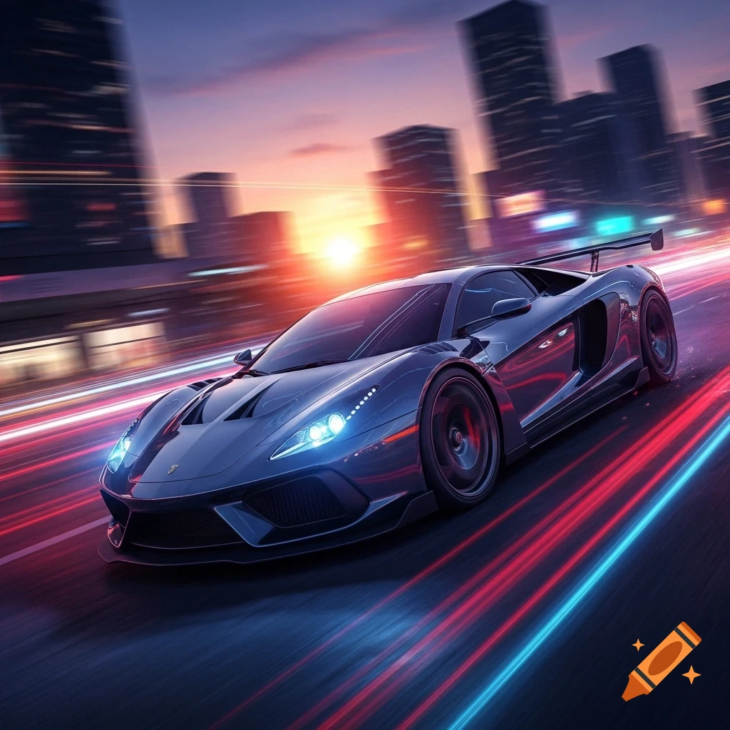 Sleek dark sports car speeding down a city street at sunset, leaving vibrant red and blue light trails.