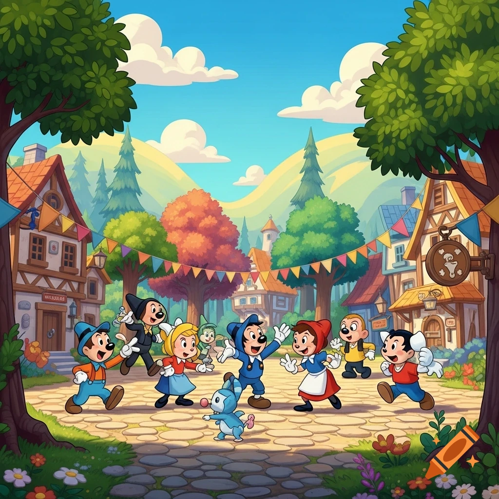Cartoon characters resembling Mickey Mouse and friends play in a ...