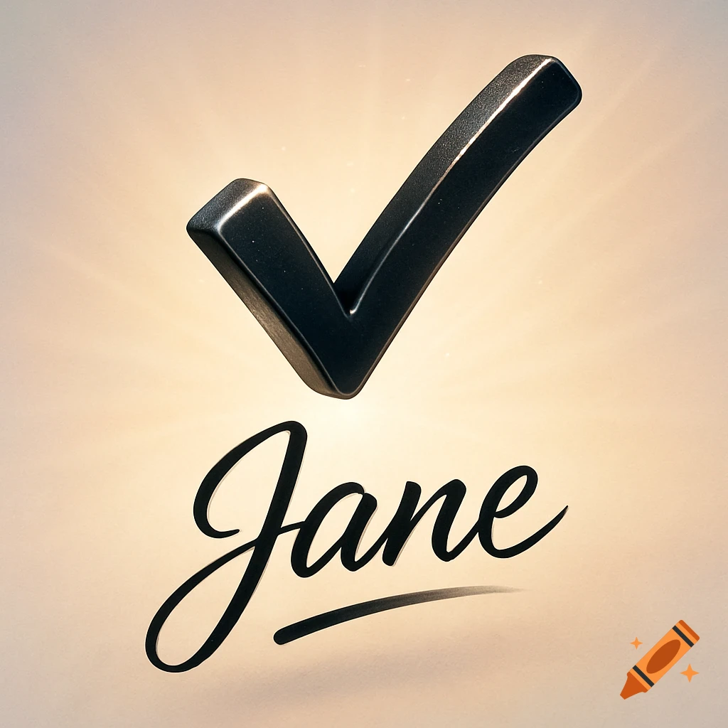 A shiny black 3D checkmark floats above the name 'Jane' written in a black script font.
