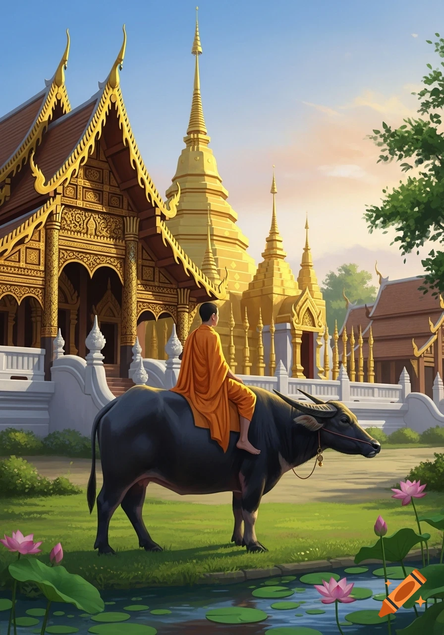 A monk rides a water buffalo near golden Thai temples, surrounded by green grass and a pond with pink lotus flowers, in an illustration.