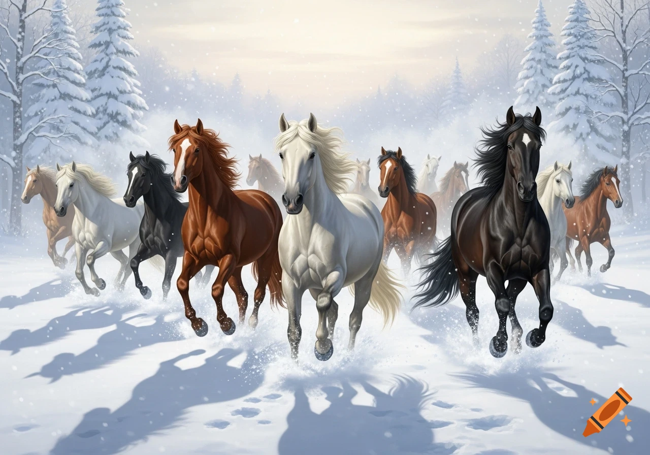 Photorealistic depiction of horses galloping through deep snow in a winter forest, kicking up powder.