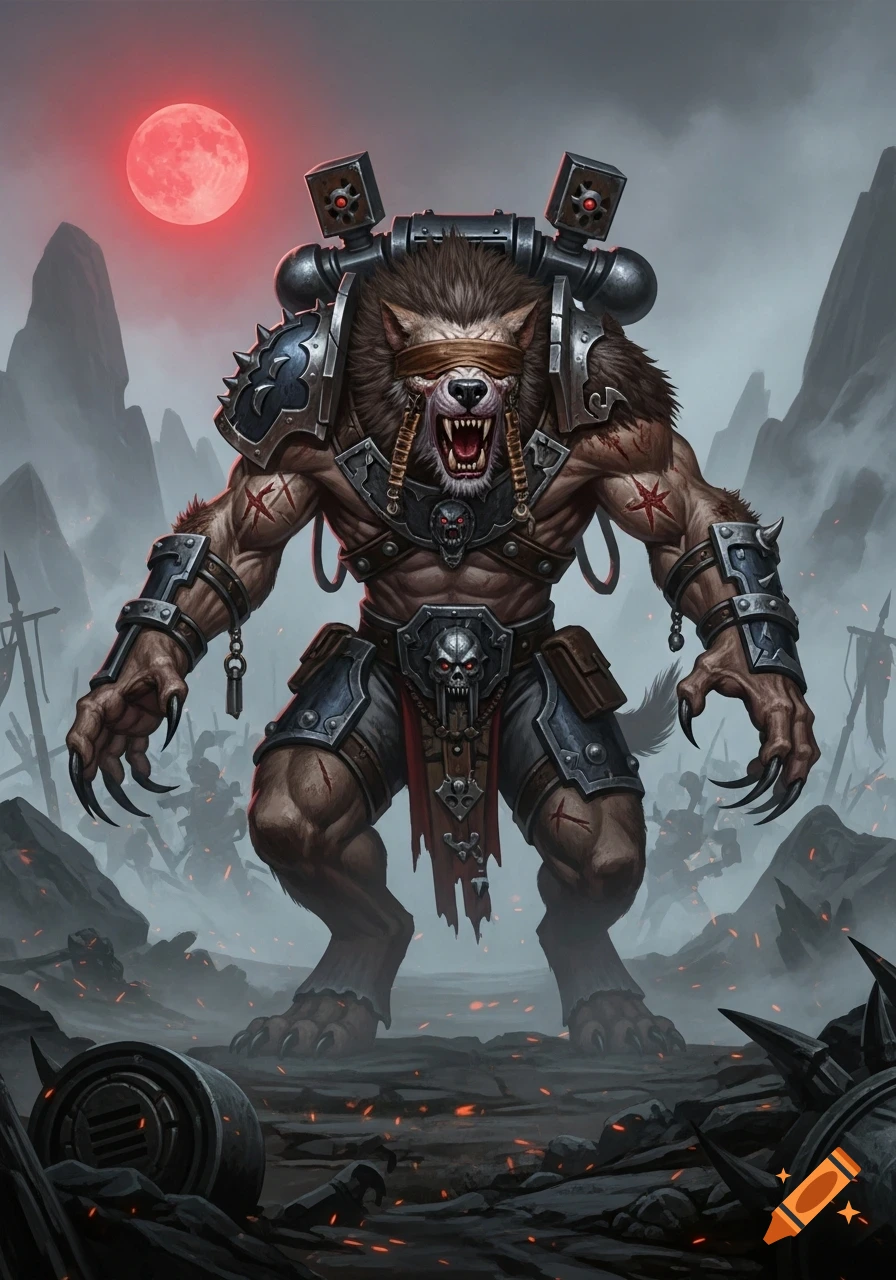 A battle-scarred, armored wulfen creature with a blindfold and bared fangs stands on a dark battlefield under a red moon.