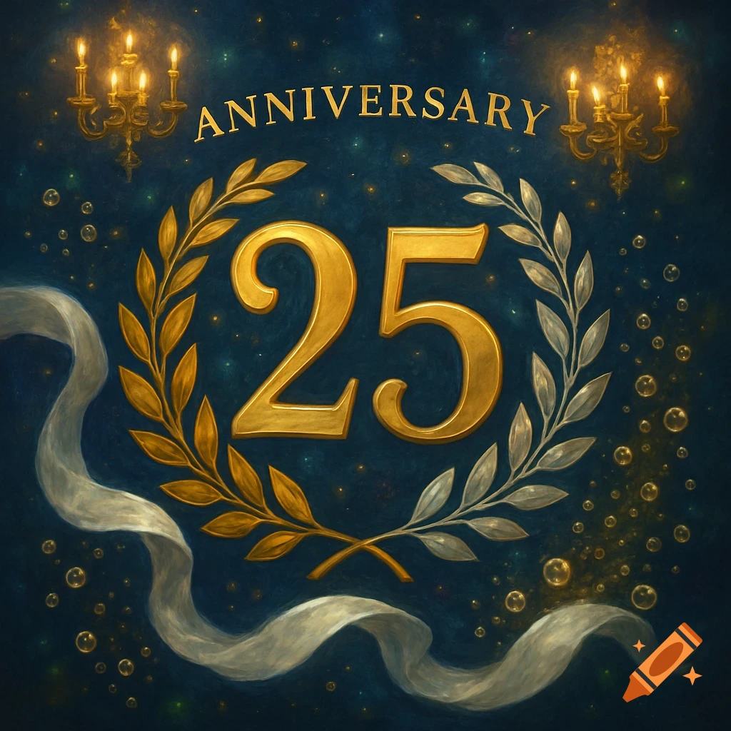 Decorative anniversary image with large golden "25" in laurel wreath, "ANNIVERSARY" text, chandeliers, and ribbon on a dark blue background.