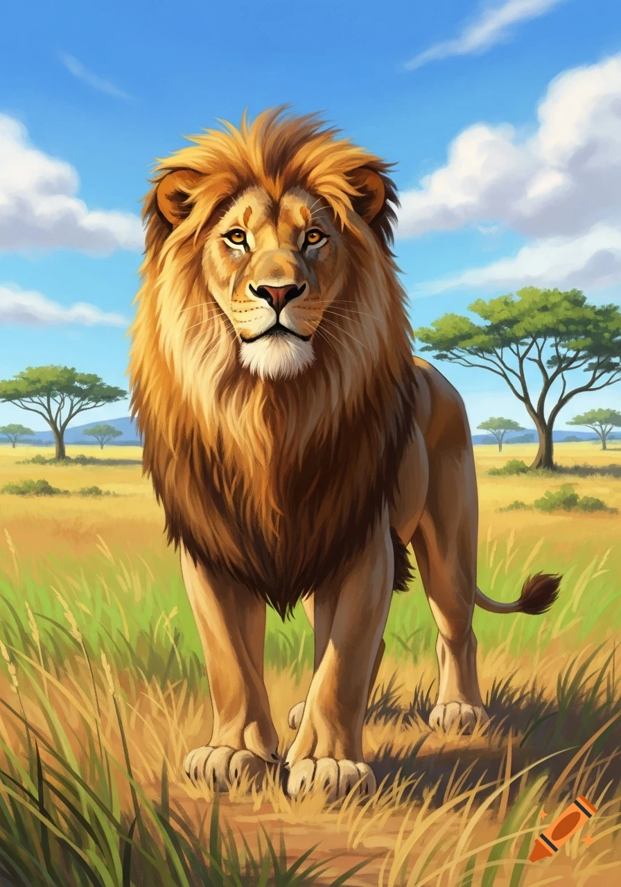 A vibrant illustration of a majestic lion with a golden mane standing in a sunny savannah with acacia trees under a blue sky.