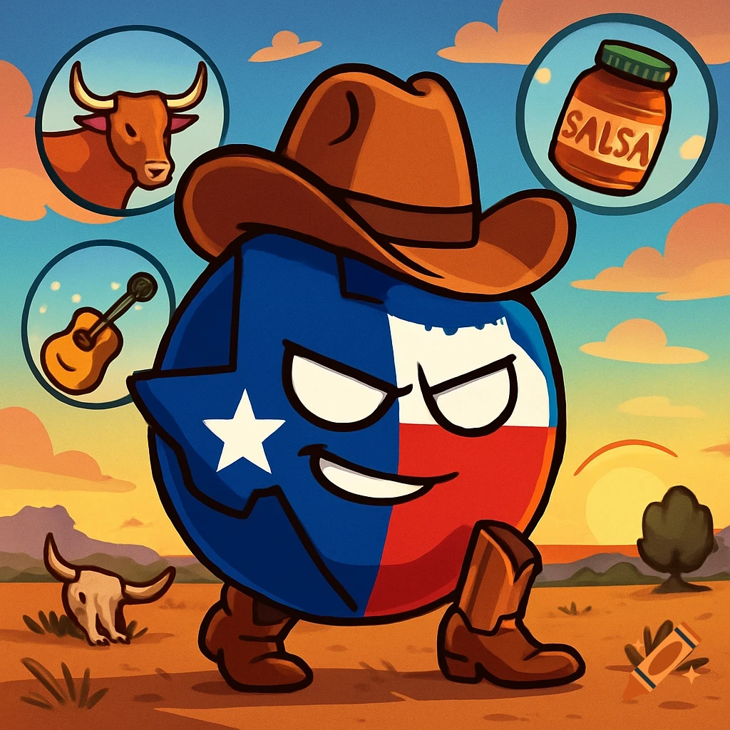 Cartoon Texas flag character in cowboy hat and boots walks in a desert at sunset, surrounded by icons of a bull, guitar, and salsa jar.
