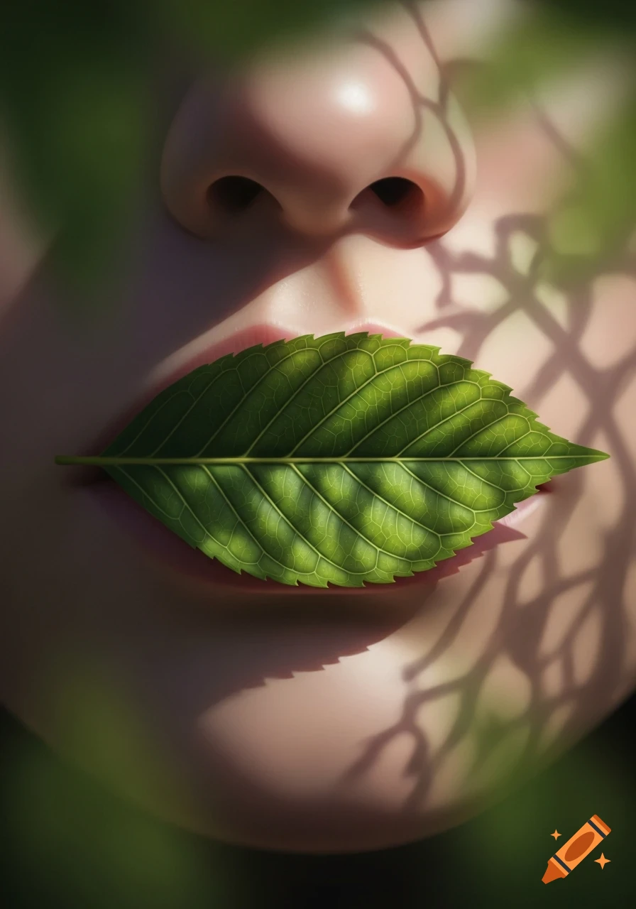 Close-up of a person's nose and chin, with a green leaf covering the mouth, dappled in sunlight and shadow.