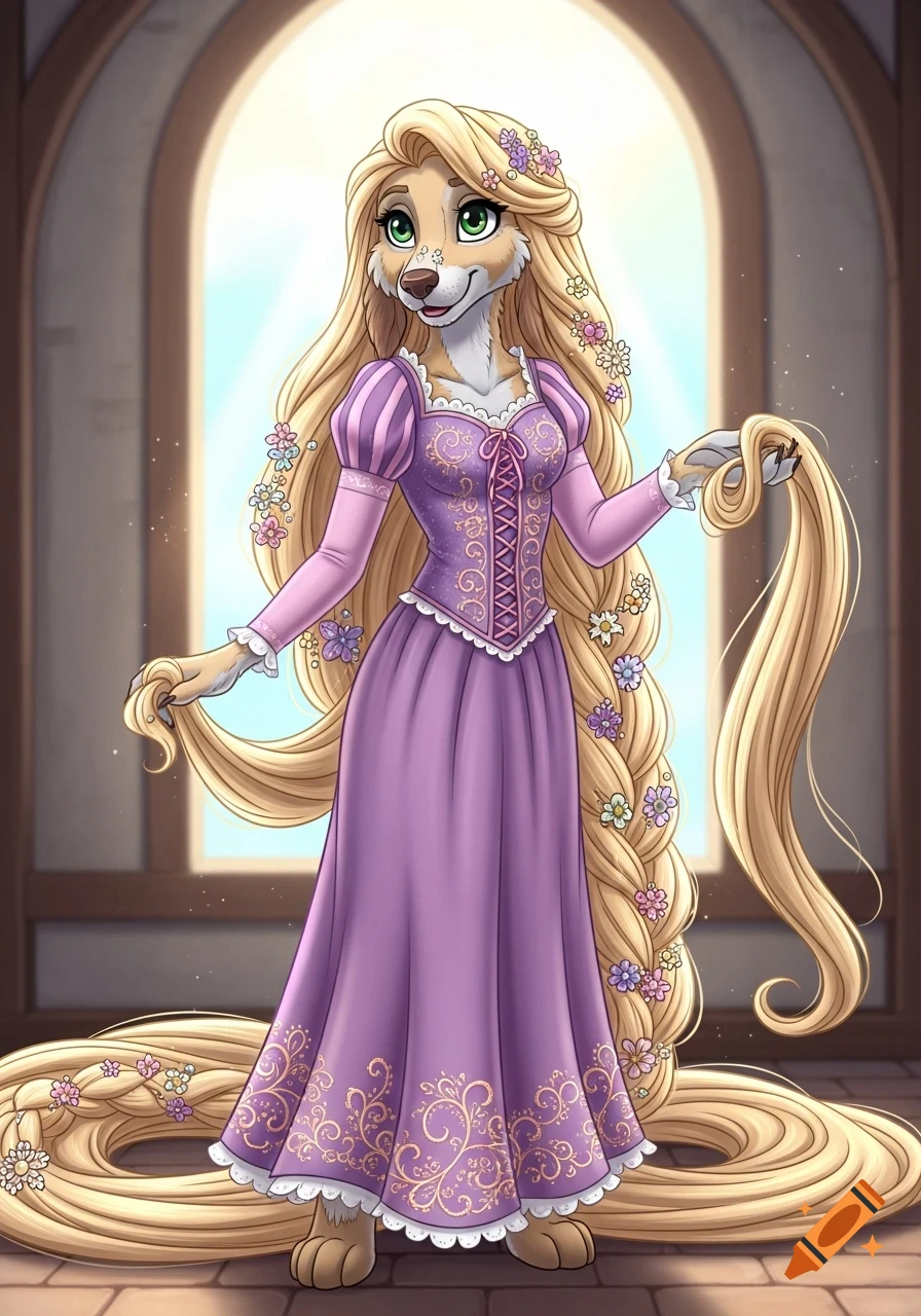 An anthropomorphic Afghan hound as Rapunzel, wearing a purple dress and holding her long, flower-braided blonde hair, in Disney style.