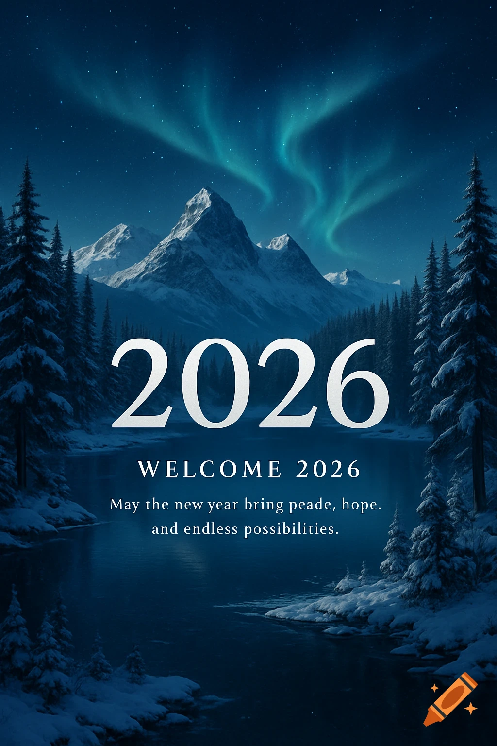 Serene winter landscape with snowy mountains, pine trees, and a frozen lake under aurora borealis and stars. Text '2026' and 'Welcome 2026'.