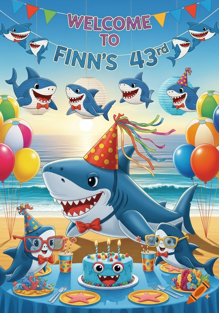 Cartoon sharks celebrating a birthday party on a beach with a cake, balloons, and a banner reading 'WELCOME TO FINN'S 43rd'.