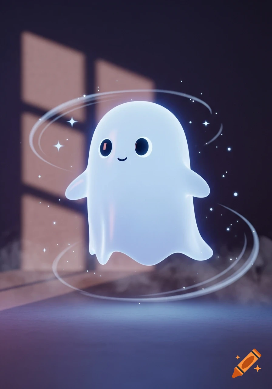 A cute, glowing white 3D ghost with big black eyes and a smile floats in a dimly lit room with light filtering from a window.
