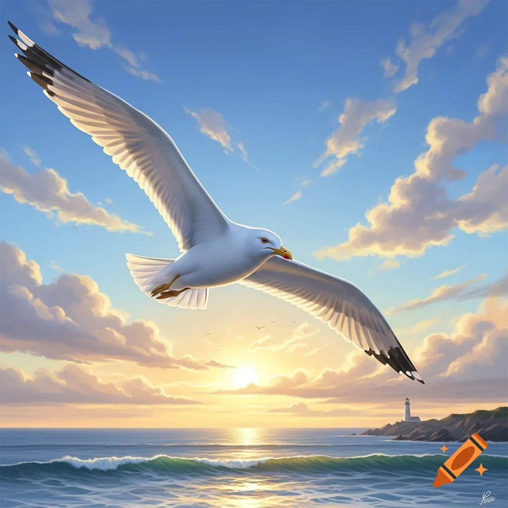 A white seagull with outstretched wings soars over a vibrant ocean at sunset, with a lighthouse on a distant rocky coast.