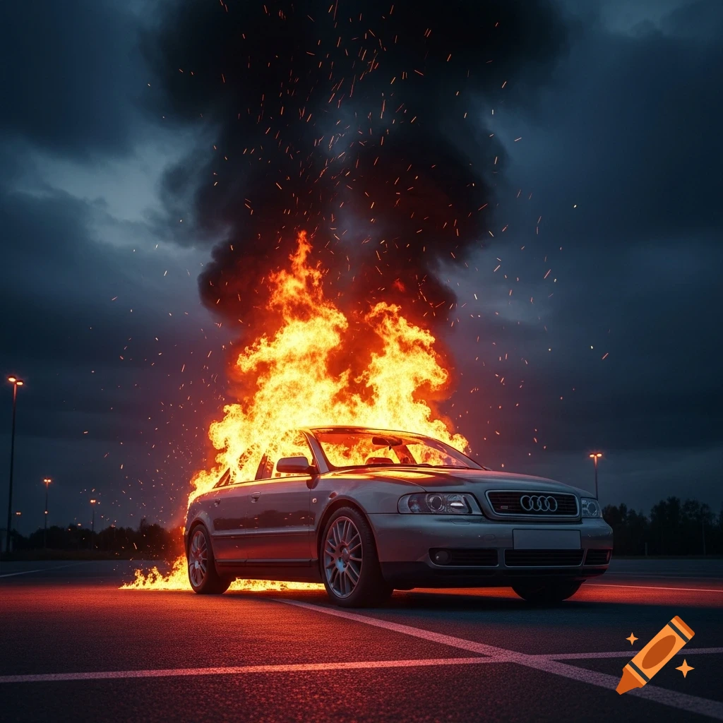 A silver Audi A4 car is engulfed in bright flames and smoke in a parking spot under a dark, cloudy sky.