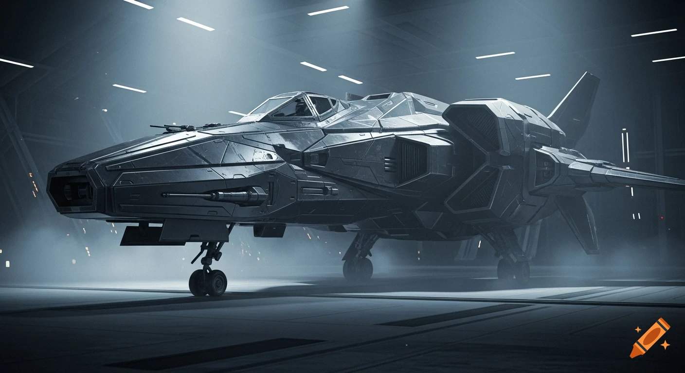 A heavily armored, dark starfighter with sharp angles sits in a dimly lit hangar with volumetric fog, looking photorealistic.