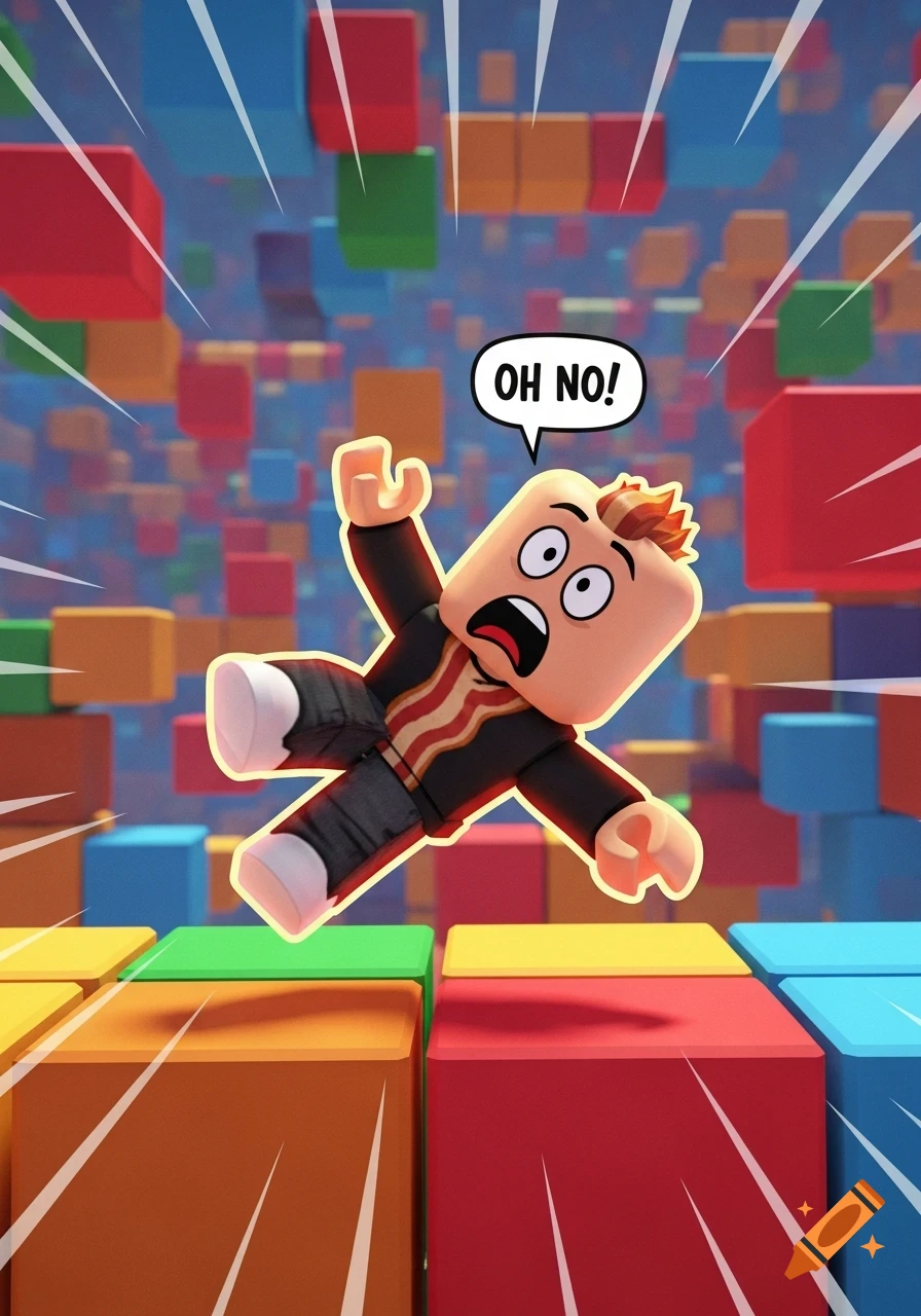 A cartoon Roblox character with a bacon shirt falls through colorful blocks, exclaiming 'OH NO!' in a speech bubble.