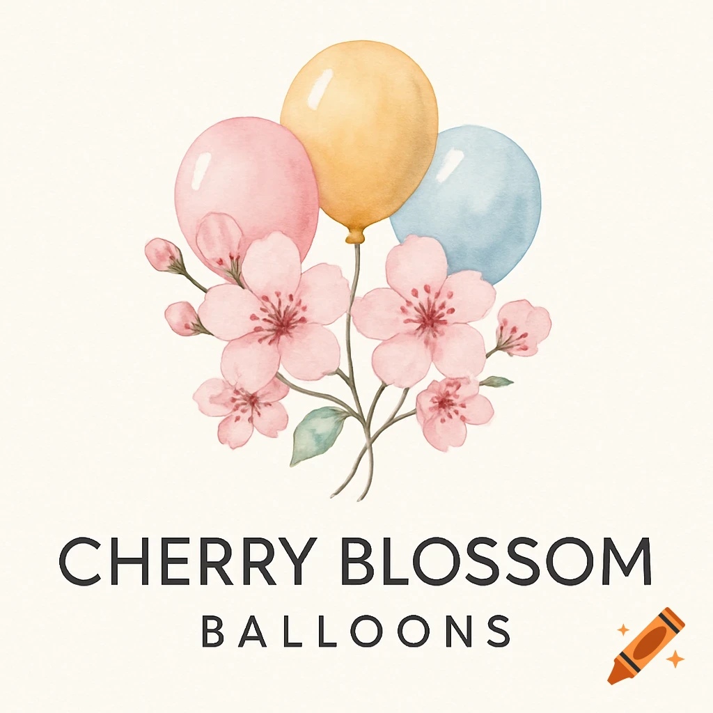 Watercolor illustration of pink, yellow, and blue balloons with cherry blossoms, above the text 'CHERRY BLOSSOM BALLOONS'.