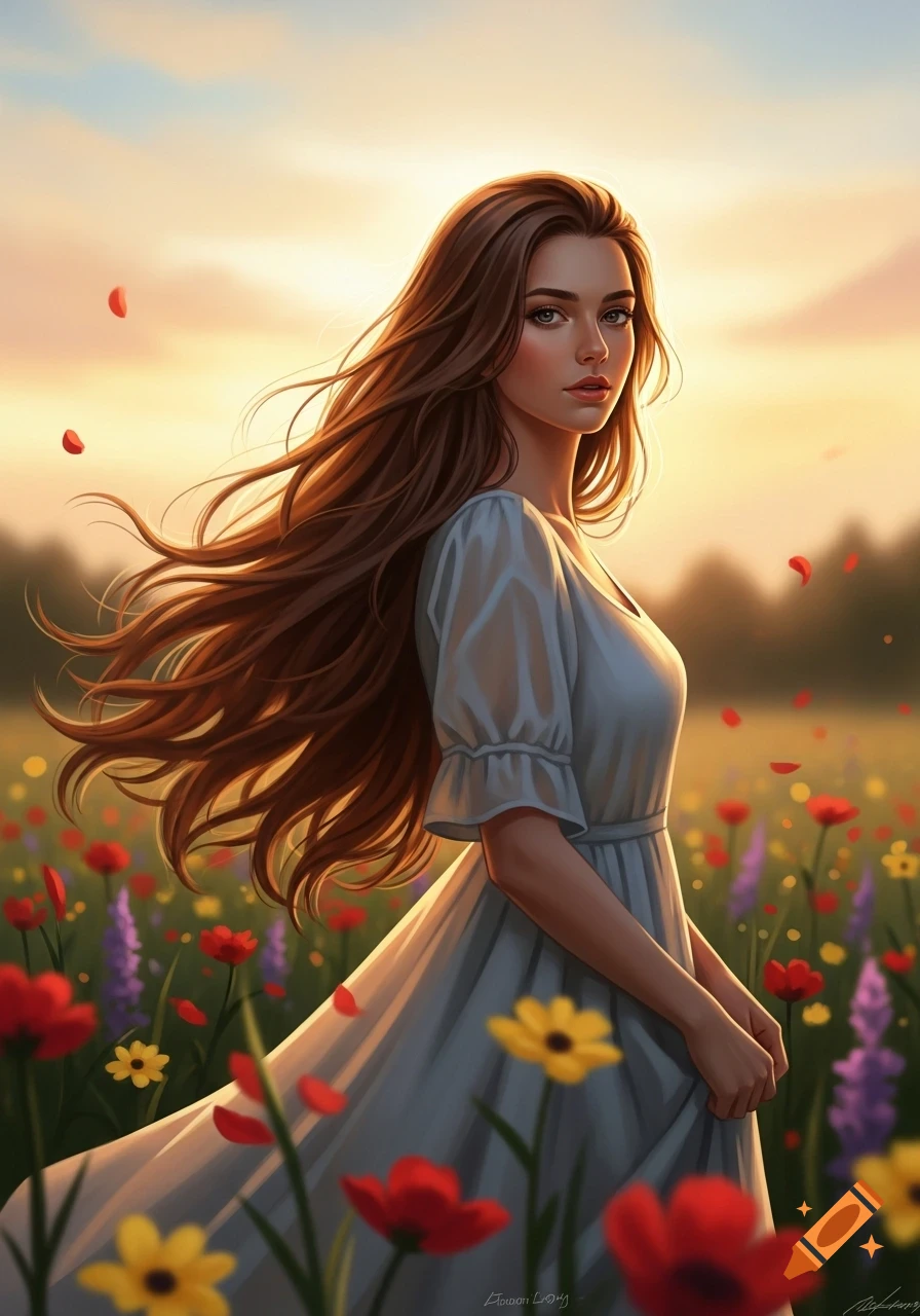 A woman with long brown hair in a light dress stands in a vibrant field ...