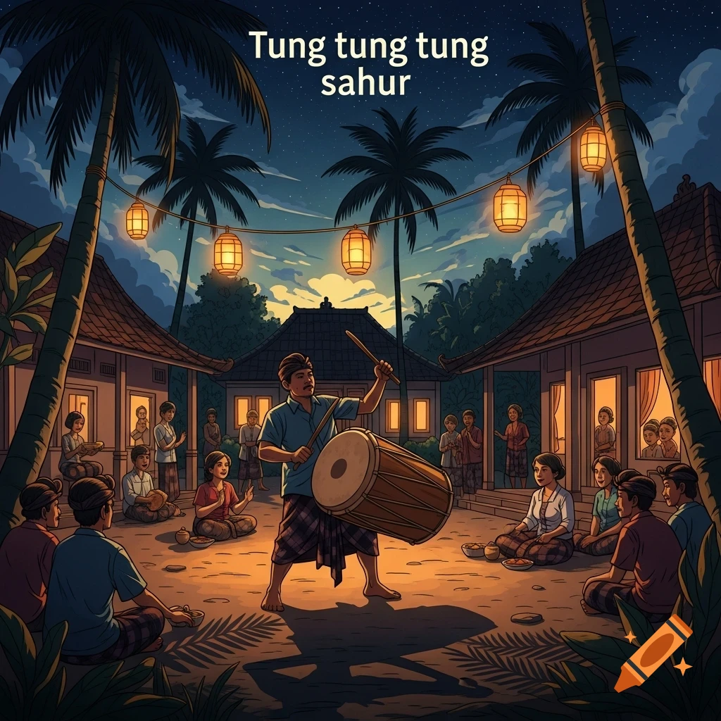 Illustrated night scene of a man playing a drum for a group in a village courtyard under lanterns, with 'Tung tung tung sahur' text.