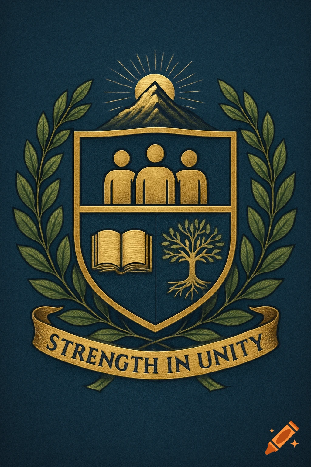 A golden crest on a dark blue background, featuring a shield with a mountain, sun, three figures, an open book, and a tree, encircled by a laurel wreath and a banner reading 'Strength in Unity'.