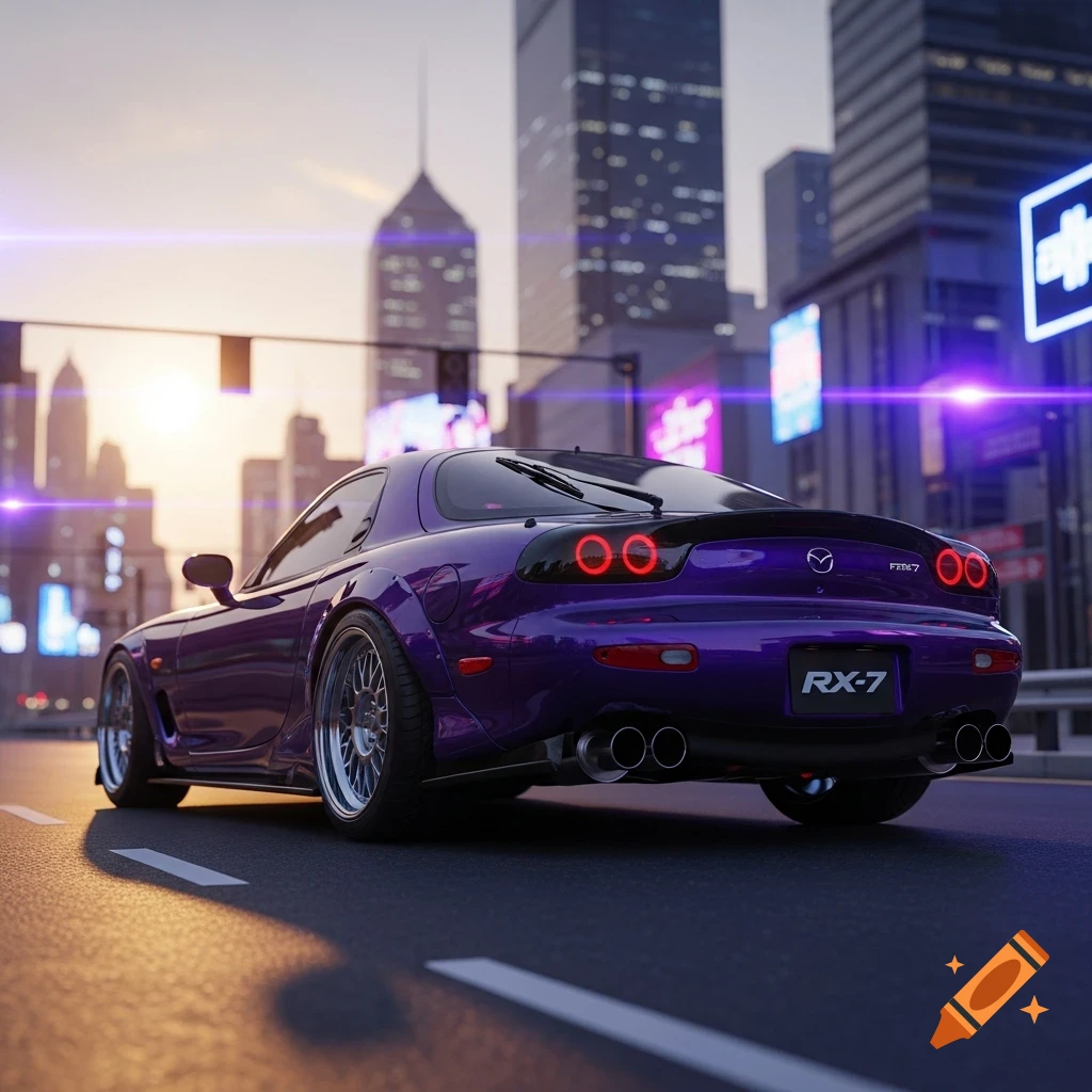 A vibrant purple Mazda RX-7 driving on a city street at sunset, with tall buildings and neon signs in the background.