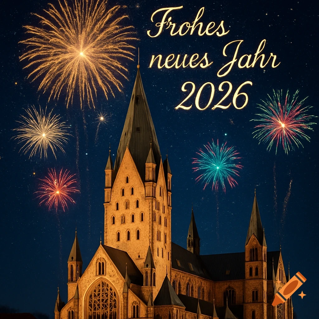 Paderborn Cathedral at night, illuminated, with colorful fireworks exploding above and the text 'Frohes neues Jahr 2026'.