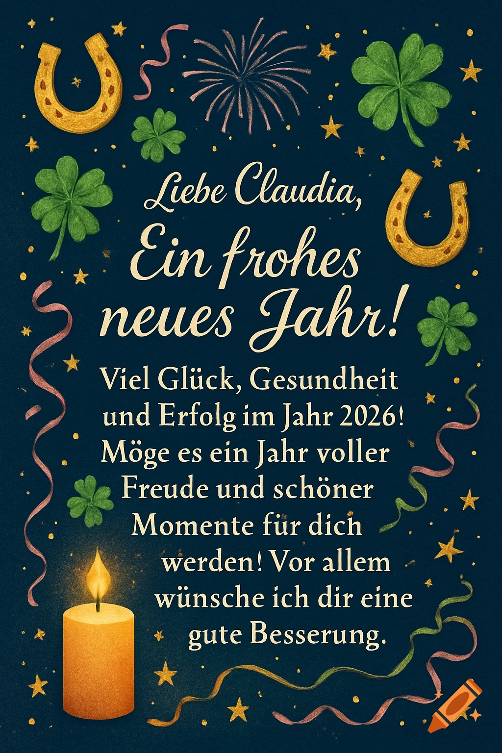 A New Year's greeting card on a dark blue background, featuring German text, golden horseshoes, green clovers, a lit candle, fireworks, and stars.