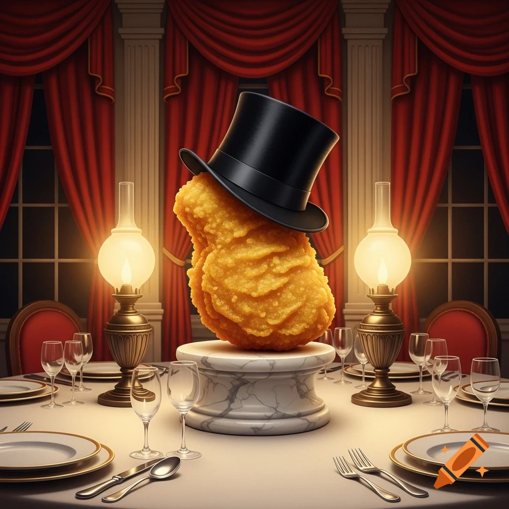 A chicken nugget in a top hat sits on a marble pedestal at a formal dining table with elegant settings and gas lamps, red curtains in background.