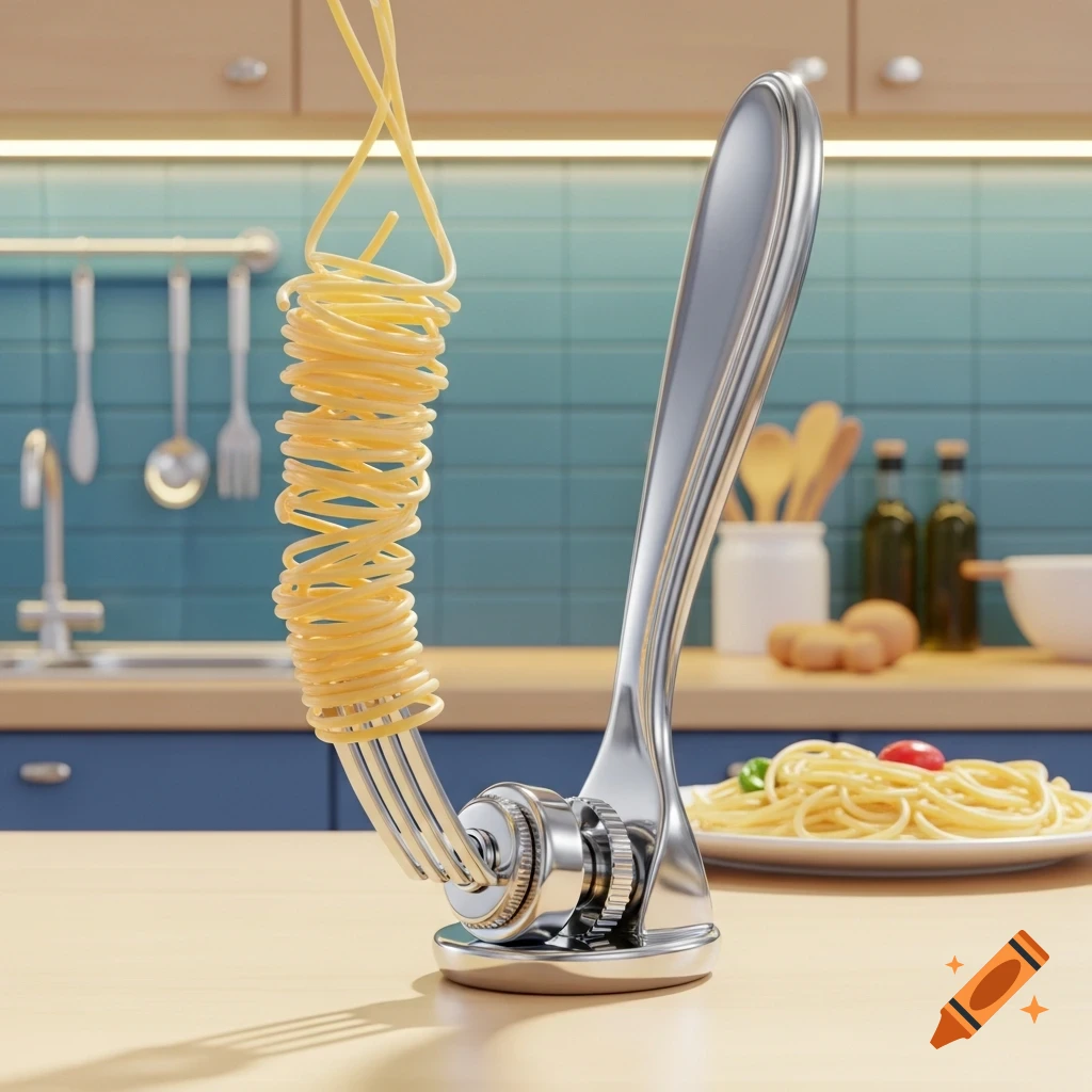 A chrome, rotating spaghetti fork holds perfectly coiled pasta on a kitchen counter in a modern kitchen, photorealistic.