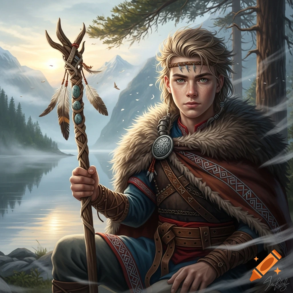 A young, realistic viking shaman with a fur-trimmed cape and a runic staff sits by a misty lake at sunrise.