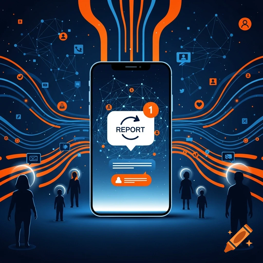 A smartphone with a 'REPORT' notification, surrounded by abstract blue and orange network lines and silhouettes of people. Digital illustration.