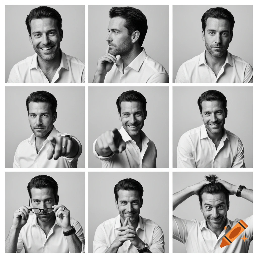 Nine black and white studio portraits of a smiling man in a white shirt, showing various emotions and poses.