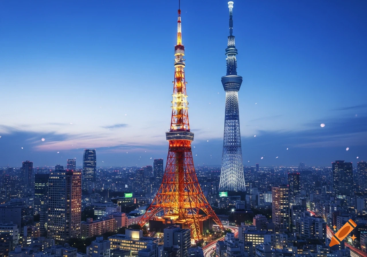 Illuminated Tokyo Tower and Skytree stand over a vibrant Tokyo cityscape at dusk, with faint cherry blossoms.