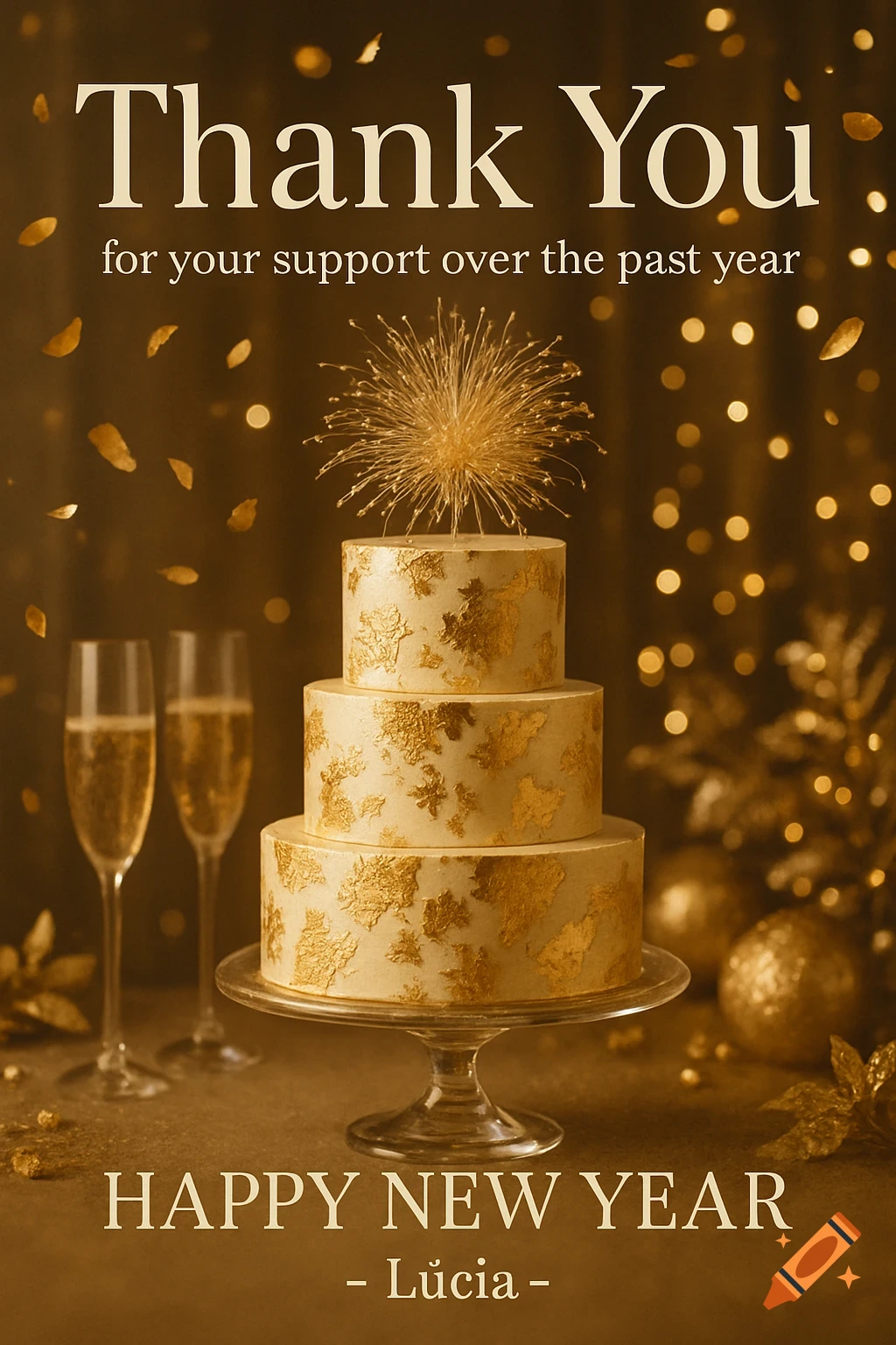A luxurious golden three-tier cake with champagne flutes, bokeh lights, and text saying 'Thank You' and 'Happy New Year'.