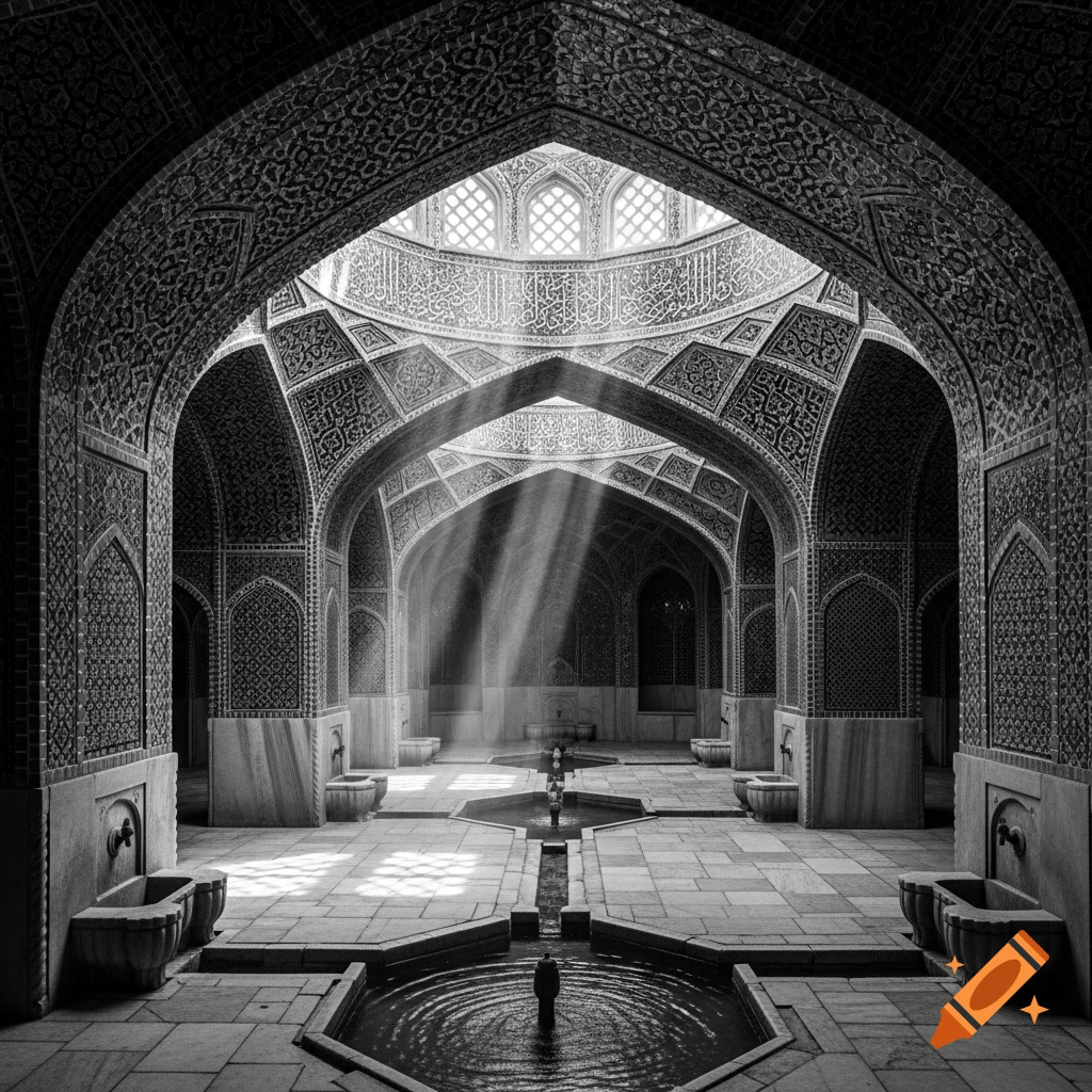 Dramatic black and white photo of an ornate Iranian bathhouse with sunlight streaming through a domed ceiling, reflecting in water features.