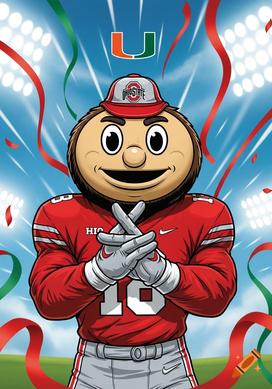 Ohio State mascot Brutus Buckeye in a red football jersey and hat, forming a U-shaped hand sign against a stadium backdrop with ribbons.