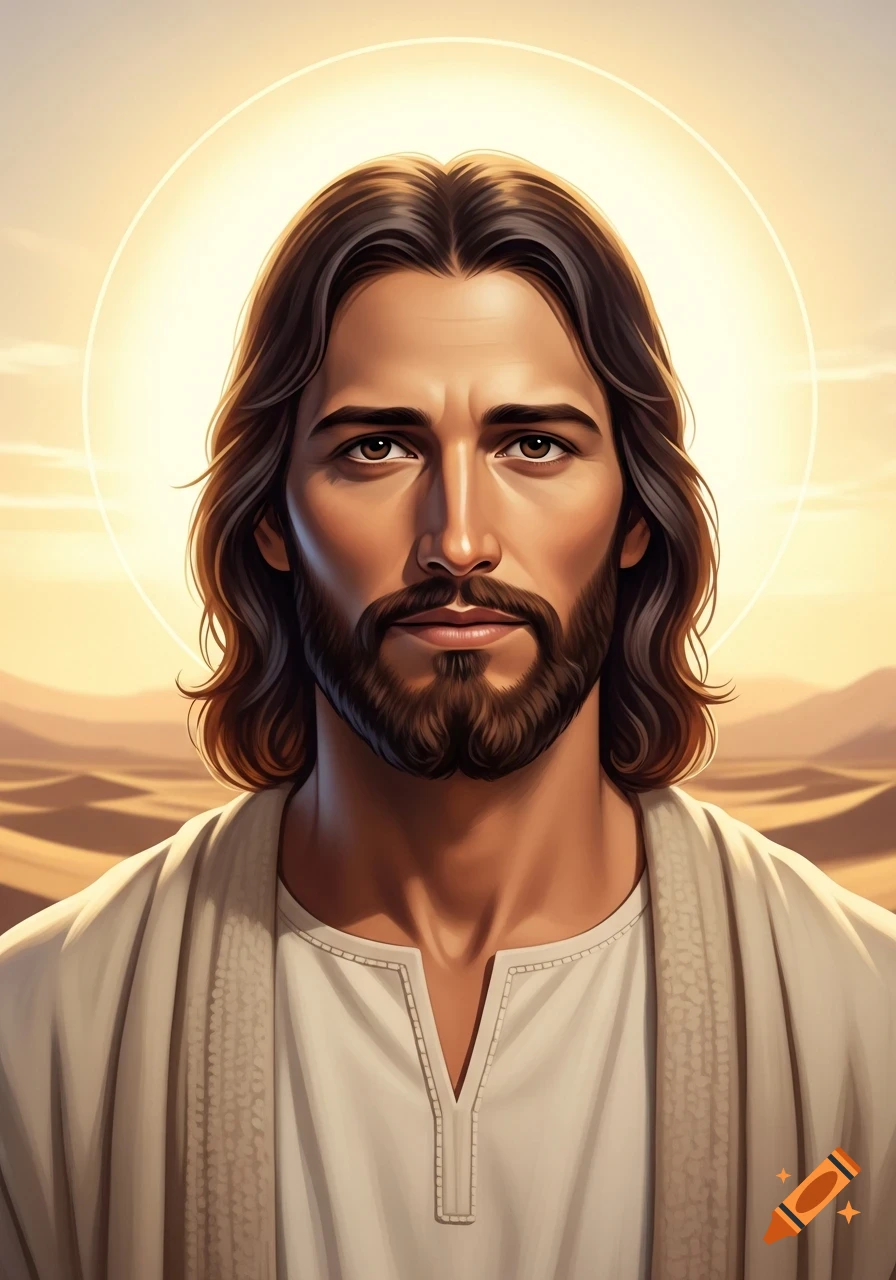 Vibrant portrait of Jesus with a halo, long brown hair, and beard, wearing a white robe against a sunlit desert landscape.