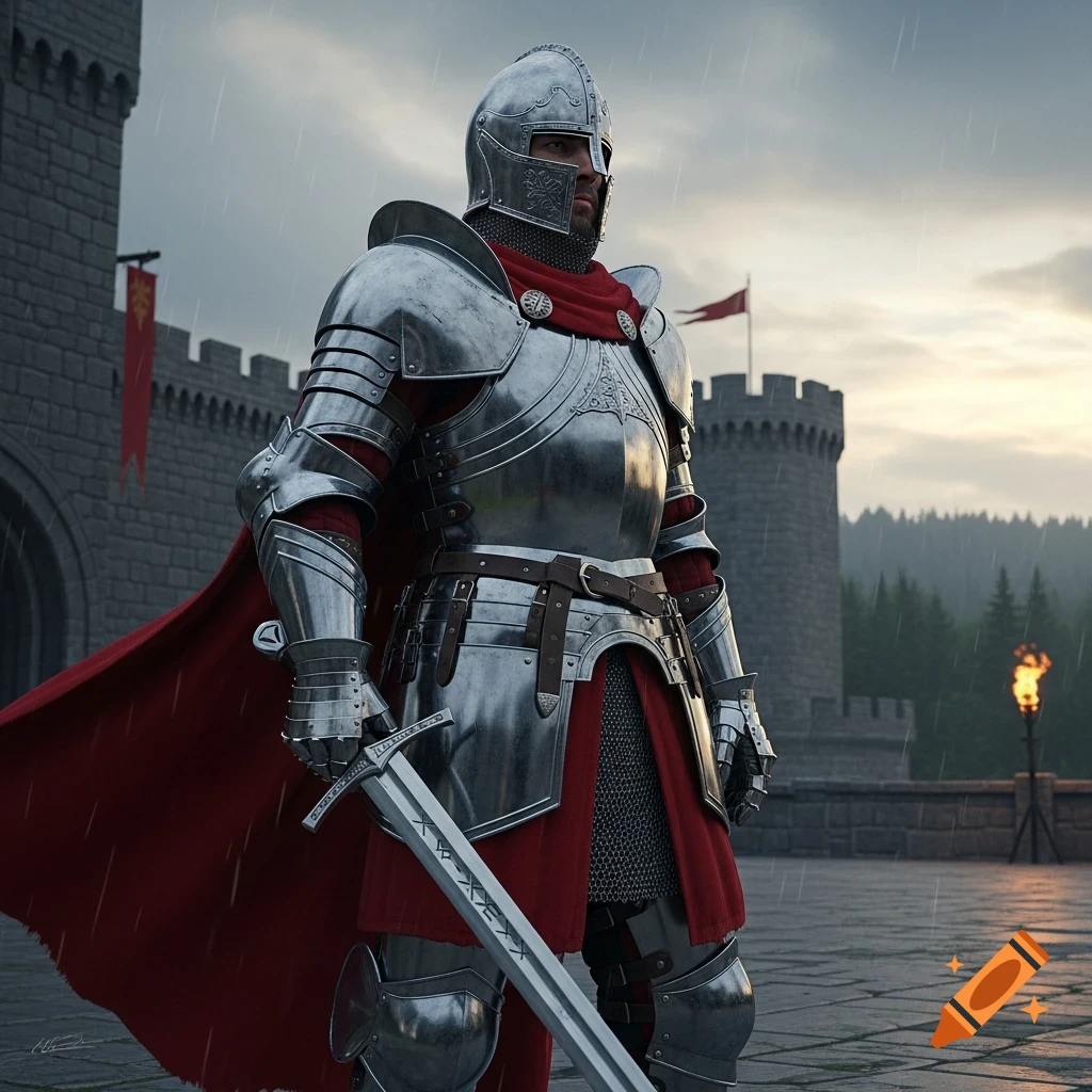 A realistic knight in full plate armor and a red cape stands with a ...