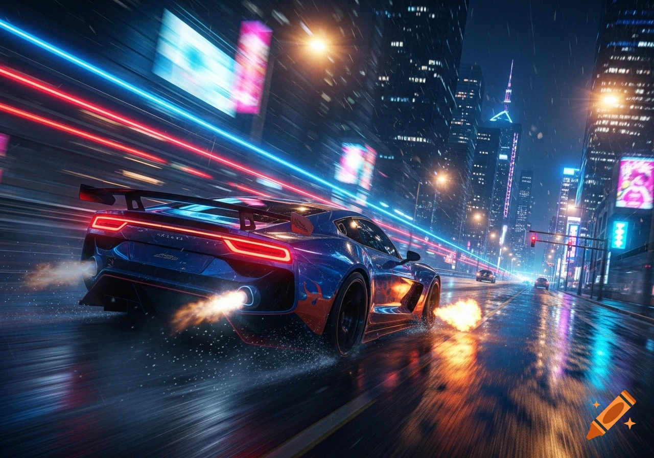 A blue sports car with red and orange accents speeds through a neon-lit city street at night, leaving light trails and sparks.