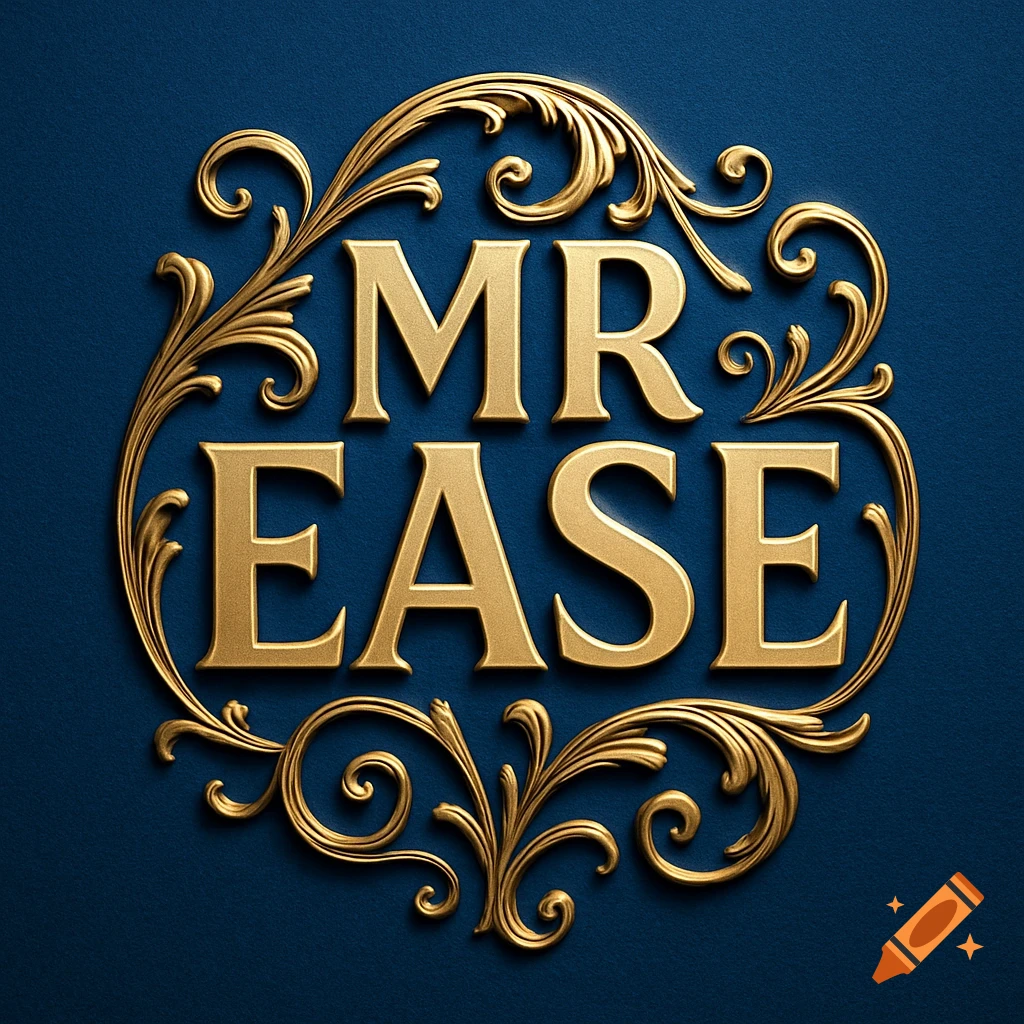 A golden ornate emblem featuring the words 'MR EASE' on a dark blue background, with intricate filigree.