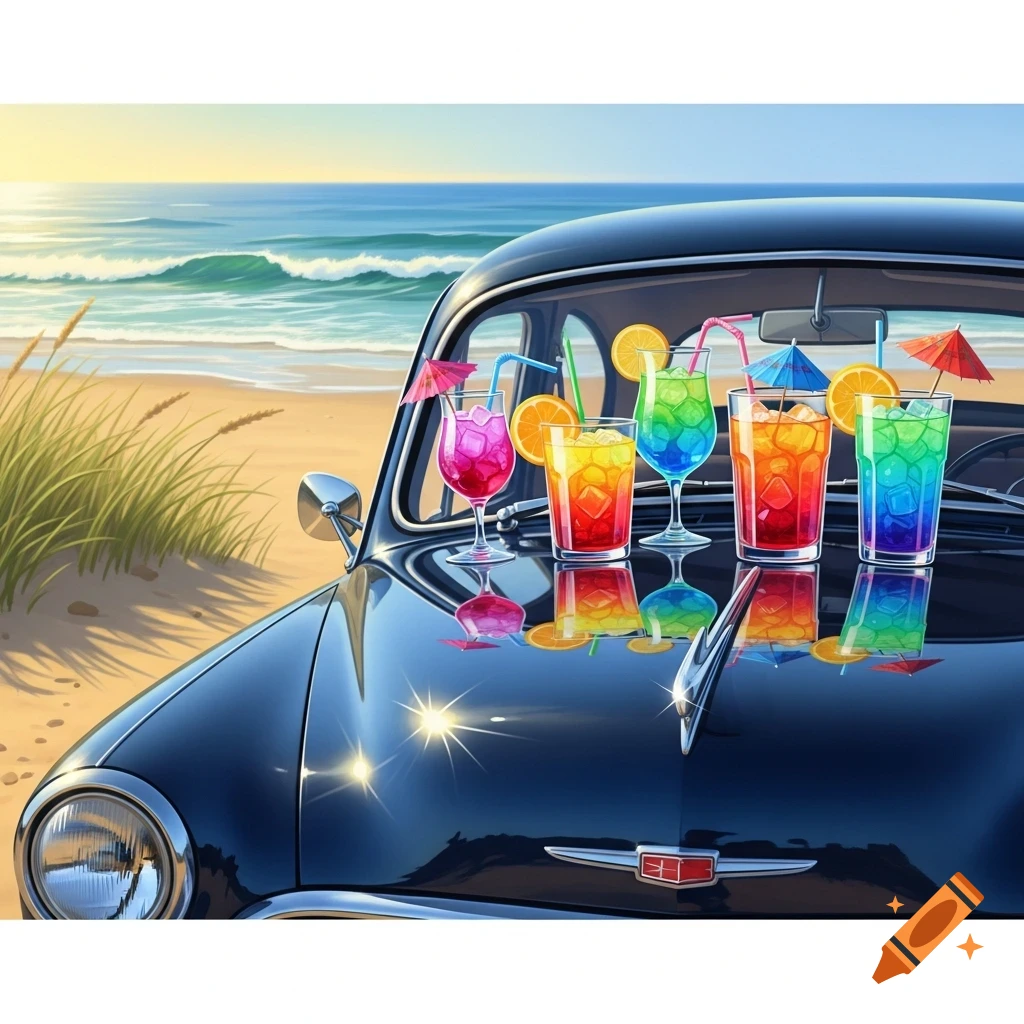 A classic black car parked on a sandy beach with five colorful cocktails lined up on its glossy hood, reflected below.