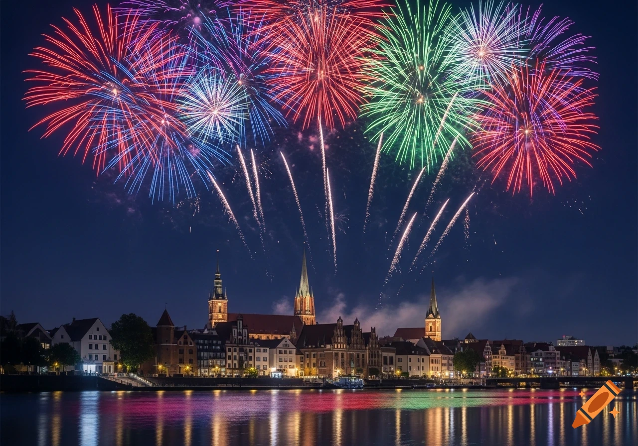 Vibrant fireworks explode over a historic city skyline at night, reflected in the calm river below.