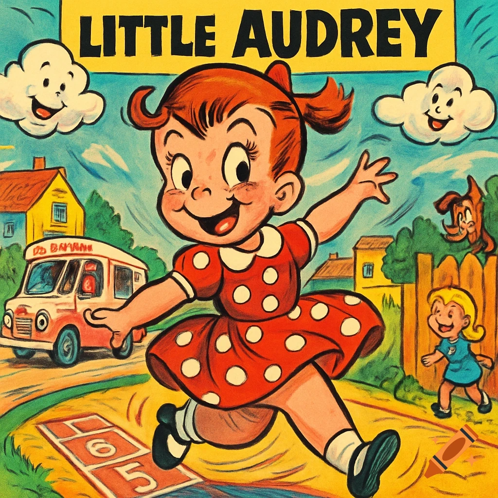 A retro comic book style illustration of Little Audrey, a red-haired girl in a polka dot dress, happily running past an ice cream truck and a hopscotch court.