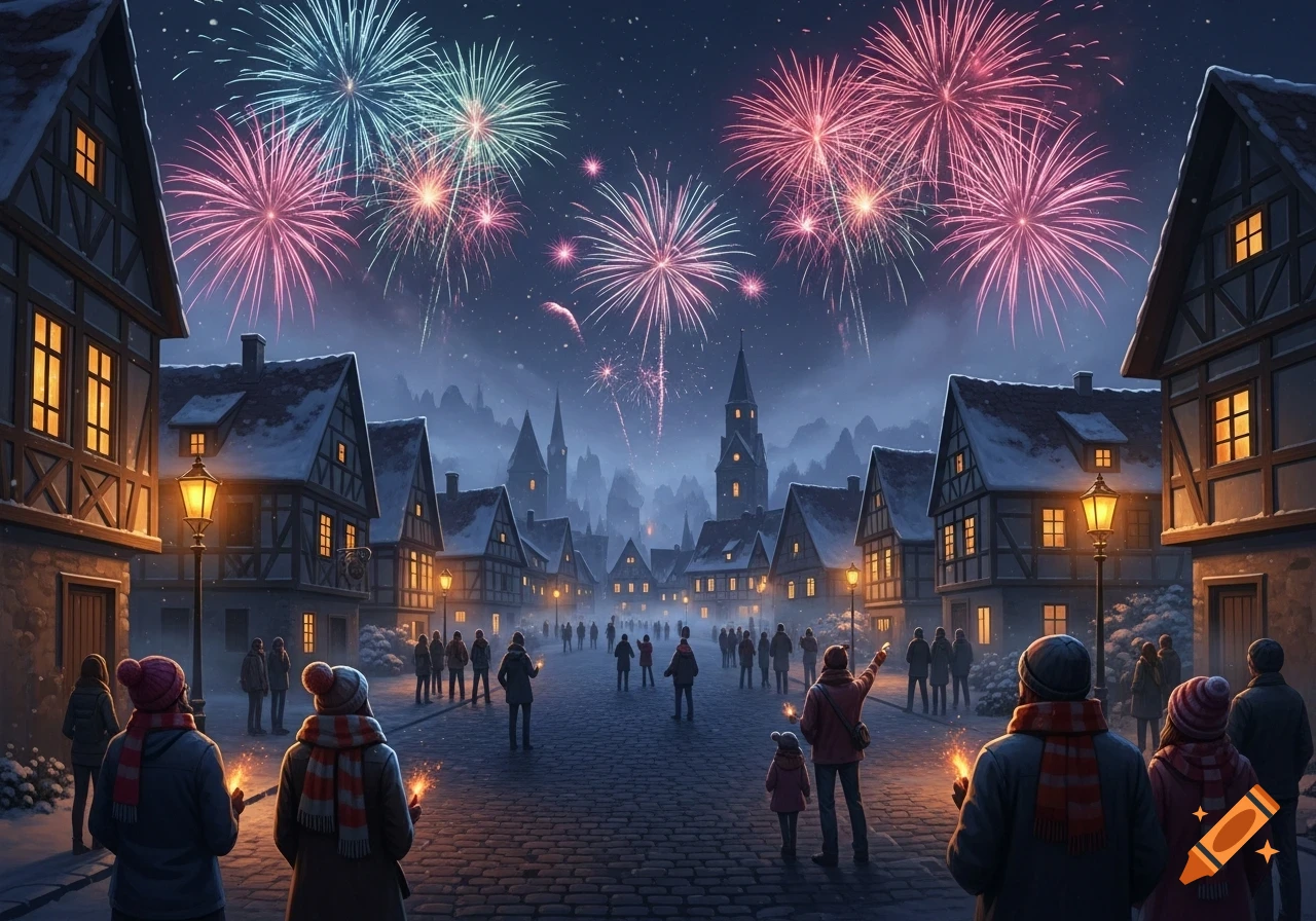 A snowy town square at night, with people watching colorful fireworks explode over medieval-style buildings. Many individuals hold sparklers.
