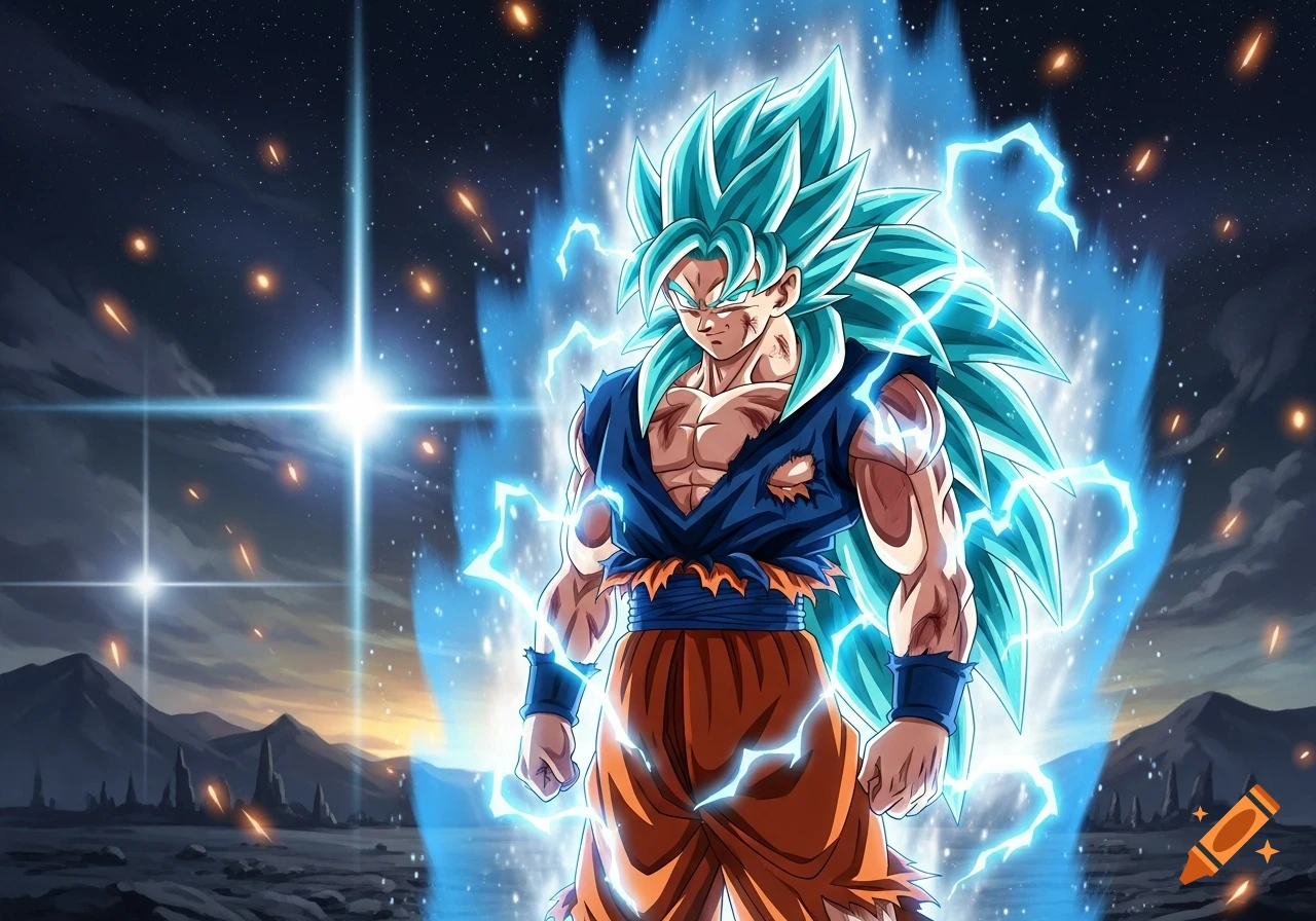 Goku in Super Saiyan Blue 3 form with a fierce blue aura, against a starry night sky with mountains.